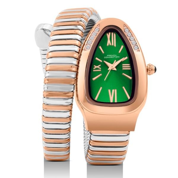 French Connection Eternelle Curve | Green Dial with Rose Gold Case | Flexible Wrap Bracelet Strap | Crystal Accent Design | Roman Numerals Analog Watch for Women - FCN0142NRTM