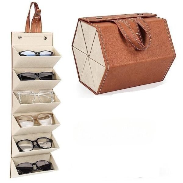 Goggles Organizer Box with 6 Slots, Foldable Sunglasses Case, Travel Sunglass Organizer, Eyeglasses Display Container Box Holder Spectacles Case for Women & Men (Black & Brown) (6 Slot)