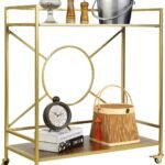 Gold Bar Cart for The Home, 2-Tier Rolling Storage Cart with 2 Walnut MDF Shelves, Wine Cart with 2 Lockable Wheels