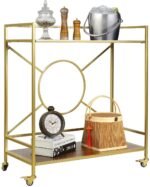 Gold Bar Cart for The Home, 2-Tier Rolling Storage Cart with 2 Walnut MDF Shelves, Wine Cart with 2 Lockable Wheels