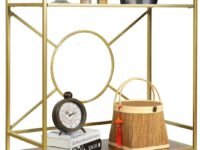 Gold Bar Cart for The Home, 2-Tier Rolling Storage Cart with 2 Walnut MDF Shelves, Wine Cart with 2 Lockable Wheels