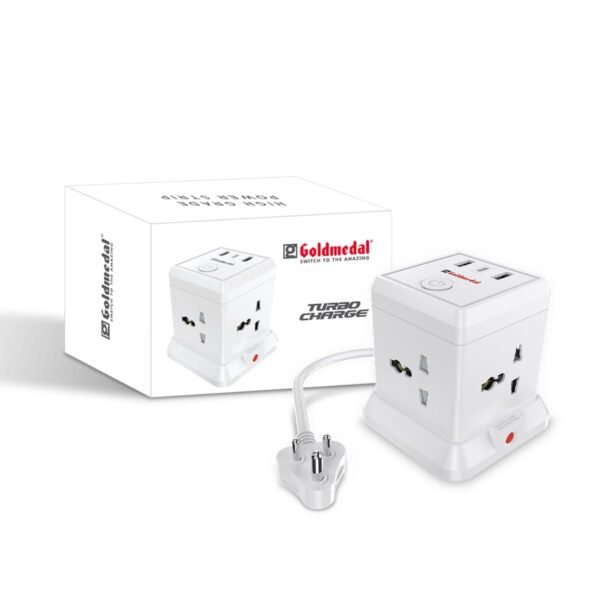 Goldmedal Turbocharge 4+3 (2 Meter Cable Length) Power Strip with Dual USB + 1 USB C Type Ports, Overload Protection, Master Switch with Indicator & Safety Shutter for Home & Office,250 Volts, White