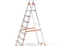HOUZA Aluminium Ladder for Home 7 Steps Foldable with Tool Tray & Anti-Skid Wide Steps | 7 Step Ladder for Home Use, Kitchen & Household | 250 Kg Capacity Folding Ladder | 5 Year Warranty (Orange)