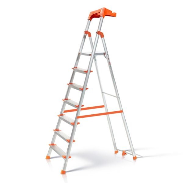 HOUZA Aluminium Ladder for Home 7 Steps Foldable with Tool Tray & Anti-Skid Wide Steps | 7 Step Ladder for Home Use, Kitchen & Household | 250 Kg Capacity Folding Ladder | 5 Year Warranty (Orange)