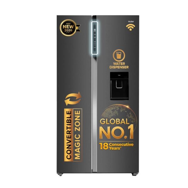 Haier Smart Choice 596L 3 Star Frost Free Expert Inverter Smart Sense AI enabled 2-Door Side by Side, In-built Water Dispenser Refrigerator (HRS-682WGKU1, Graphite Black, Magic Convertible,2026 Model)