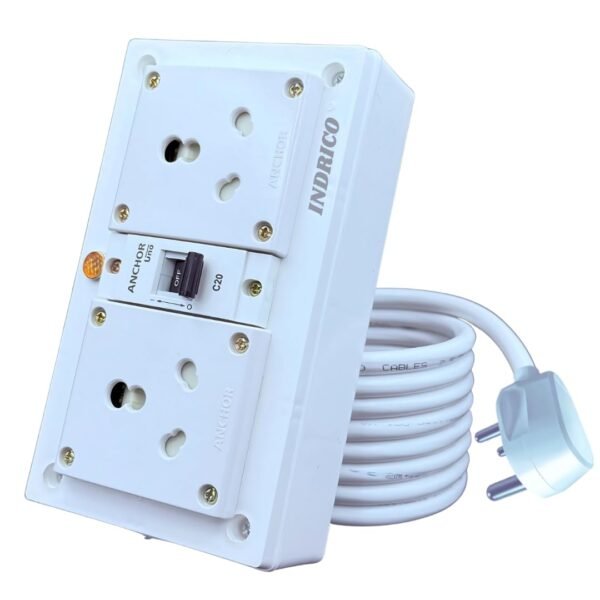 INDRICO 16A Electric Multi Outlet Extension Board Box With Mcb For Heavy Duty Pvc White Pack Of 1 (2.5 Mm 3000 Watts, 5 Meter Cable), 240 Volts