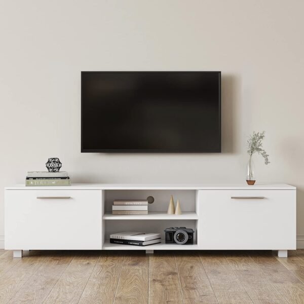 Kennkari Engineered Wood TV Stand for 50-75 Inch Entertainment Center - Modern Media Console With Storage and Shelves for Living Room (White)