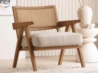 Kingsman Furnitures ABEL Rattan Teak Wood Accent Arm Chair for Home Bedroom, Living, Dining, Drawing Room | Ultra Soft and Comfortable for Stress Free | Removable Cushion (Natural)