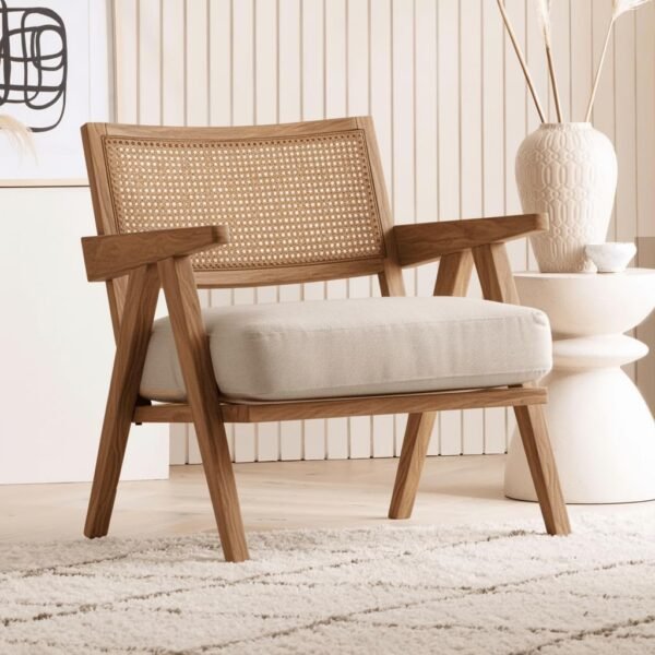 Kingsman Furnitures ABEL Rattan Teak Wood Accent Arm Chair for Home Bedroom, Living, Dining, Drawing Room | Ultra Soft and Comfortable for Stress Free | Removable Cushion (Natural)
