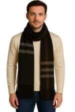 Krystle Men's Woolen Muffler – Soft Warm Wool Blend Scarf with Classic Check Pattern & Fringe Detailing (Free Size,White)