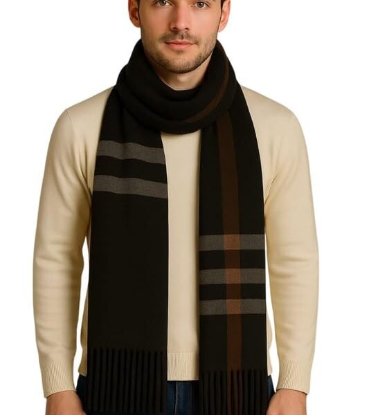 Krystle Men's Woolen Muffler – Soft Warm Wool Blend Scarf with Classic Check Pattern & Fringe Detailing (Free Size,White)