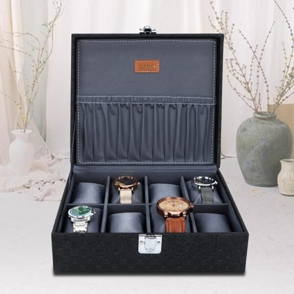 LEDO Men's and Women's Watch Box Holder Organizer Case In 8 Slots of watches In PU Leather with Royal Black&Gray color