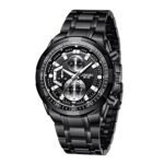 LONGBO Black Business Casual Stainless Steel Decorative Subdials Big Blue Dial Scratch Resistant Waterproof Analog Watch for Men and Boys