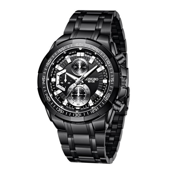 LONGBO Black Business Casual Stainless Steel Decorative Subdials Big Blue Dial Scratch Resistant Waterproof Analog Watch for Men and Boys