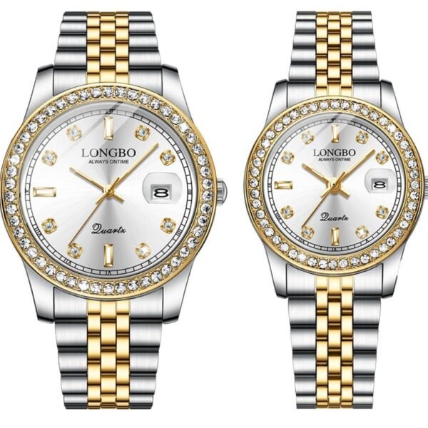 LONGBO Harmony Couple Watch Set Pack of 2 Analog Watches - Elegant Dual Tone Band Rhinestone Studded Case, Stainless Steel Band | Marriage Gift Set for Men and Women