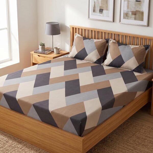 LOOMLYFE 300 TC Cotton Feel Glace Cotton Elastic Fitted Printed Queen Size Double Bed Bedsheet with 2 Pillow Covers Fits Upto 8 inches,Size- 60x78x10 Inches, BrownGreyCross