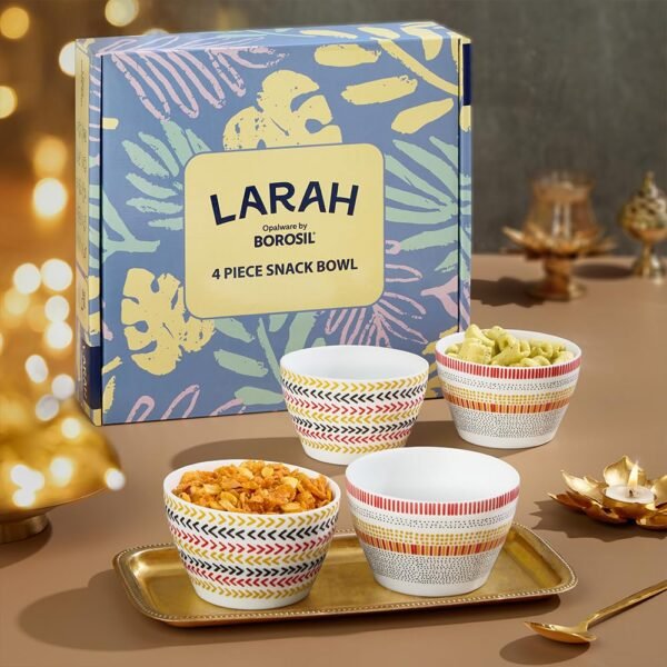 Larah by BOROSIL Opalware Bowl | Microwave & Dishwasher Safe Dinner Bowls for Salad, Fruits, Dal, Maggi, Snacks, Cereal | Breakfast Bowls | Ideal Crockery for Gifting (Boho & Rhythm, 4pc Set)