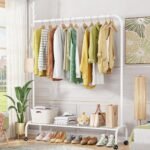 Lukzer | MGR-007 | White | Heavy-Duty Single Pole Metal Garment Stand with Wheels & Bottom Shelf – Portable Clothes Rack & Storage Organizer for Bedroom, Hallway, Laundry Room | 34 x 110 x 172 cm