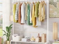 Lukzer | MGR-007 | White | Heavy-Duty Single Pole Metal Garment Stand with Wheels & Bottom Shelf – Portable Clothes Rack & Storage Organizer for Bedroom, Hallway, Laundry Room | 34 x 110 x 172 cm