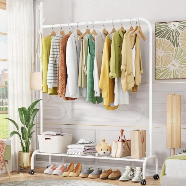 Lukzer | MGR-007 | White | Heavy-Duty Single Pole Metal Garment Stand with Wheels & Bottom Shelf – Portable Clothes Rack & Storage Organizer for Bedroom, Hallway, Laundry Room | 34 x 110 x 172 cm