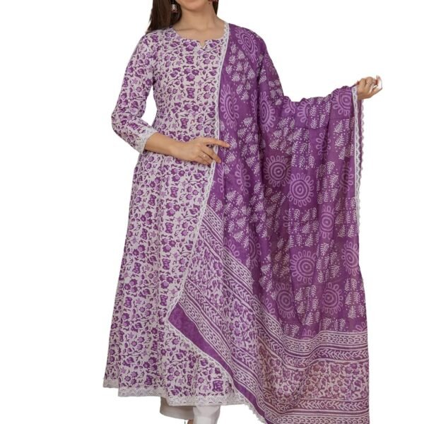 MEERA FAB Women's Cotton Printed Anarkali Kurta with Palazzo & Dupatta Set