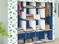 Maison & Cuisine® Printed Collapsible Wardrobe Portable Foldable Closet for Clothes Almira, 2 Hanging Space, 12 Shelves, 1 Side Pocket Non-Woven Fabric 100 GSM (7000-3 Peacock Blue)