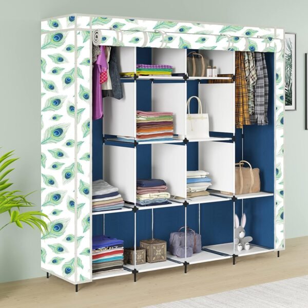 Maison & Cuisine® Printed Collapsible Wardrobe Portable Foldable Closet for Clothes Almira, 2 Hanging Space, 12 Shelves, 1 Side Pocket Non-Woven Fabric 100 GSM (7000-3 Peacock Blue)