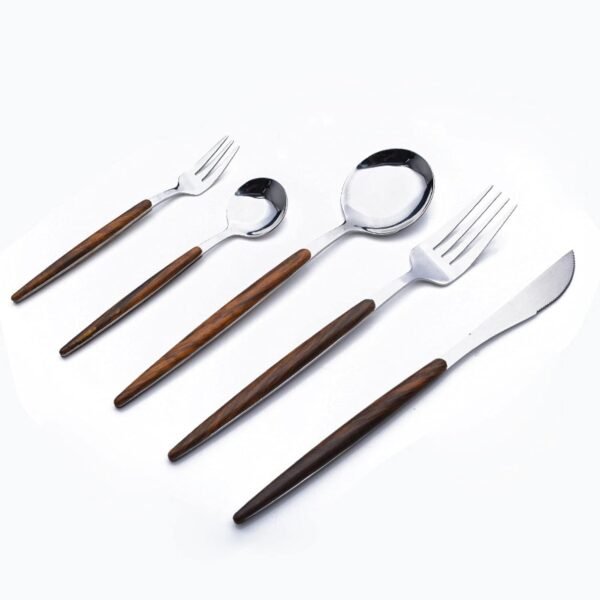 Mockery 5 Pieces Flatware Set with Wooden Handle, Stainless Steel Flatware Cutlery Set for Home and Restaurant, Travel Camping Cutlery Set, Kitchen Utensil Sets Include Knife Fork Spoon (Silver)