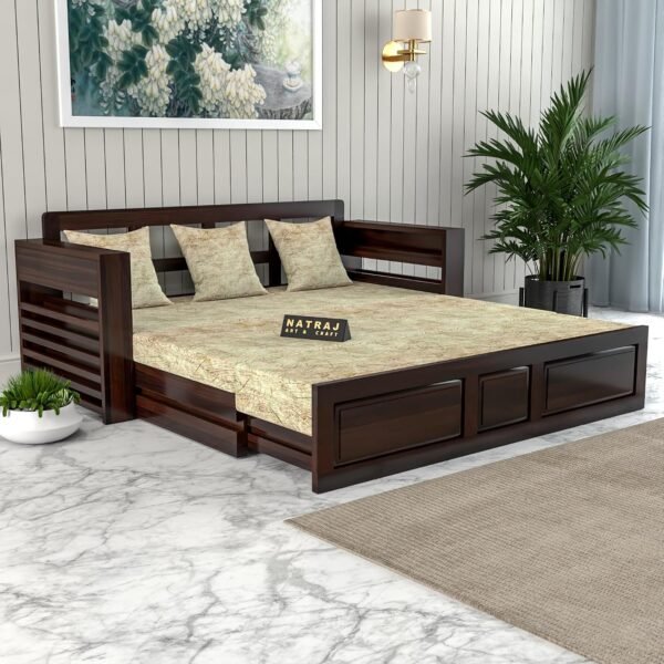 NATRAJ ART & CRAFT Solid Wood Foster 3 Seater Sofa Cum Bed for Living Room | Three Seater Sofa Bed for Home | Sofa Com Bed | Sheesham Wood (Light Walnut Finish)