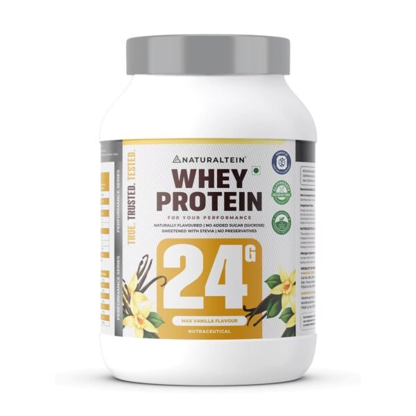 NATURALTEIN Natural Whey Protein – 24g Protein per Serving | Max Vanilla Flavour | Stevia Sweetened | No Added Sugar | Non-GMO | Soy-Free & Gluten-Free | Super Mixability | 1 kg