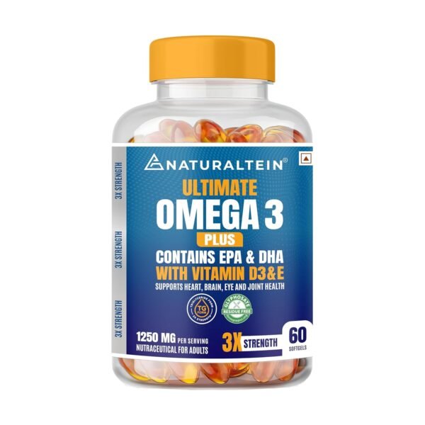 NATURALTEIN Ultimate Omega-3 plus Fish Oil 1250mg Triple Strength Softgel Capsules with vitamin D3 and E | 450mg EPA & 300mg DHA in Triglyceride Form for Better Absorption | Heart, Brain, Eye & Joint Support | Glyphosate-Free | 60 Softgel Capsules | 60-Day Supply