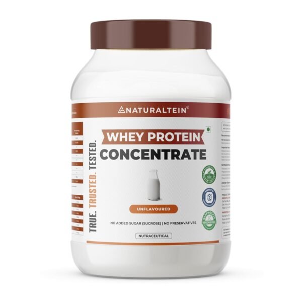 NATURALTEIN Whey Protein Concentrate Unflavoured | 23.7g Protein & 5.4g BCAA Per Serving | Zero Added Sugar | Non-GMO | Soy Free | Gluten Free | 1kg