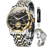 OLEVS Mens Chronograph Watch Gold Silver Stainless Steel Chain Quartz Wrist Watches Business Dress Waterproof Luminous Date Watch