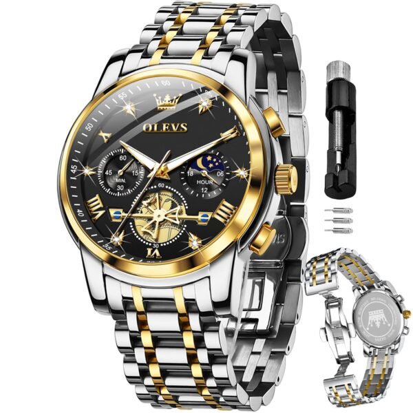 OLEVS Mens Chronograph Watch Gold Silver Stainless Steel Chain Quartz Wrist Watches Business Dress Waterproof Luminous Date Watch