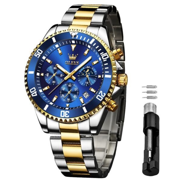 OLEVS Watches for Men Chronograph Business Wrist Watches Analog Quartz Moon Phase Stainless Steel Waterproof Luminous Dress Watches
