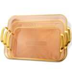 Plastic Serving Tray Set for Kitchen Rectangular Design Golden Borders - Transparent Amber - Set of 3 Size
