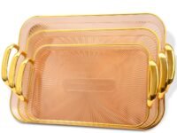 Plastic Serving Tray Set for Kitchen Rectangular Design Golden Borders - Transparent Amber - Set of 3 Size