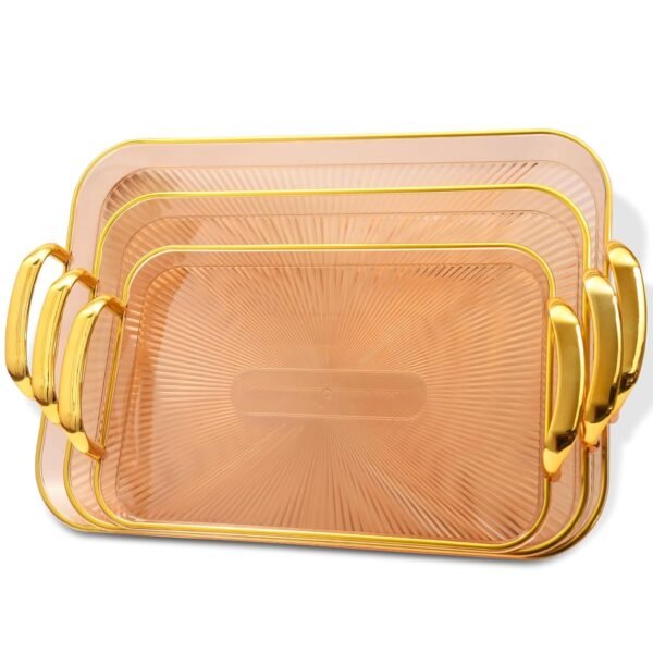 Plastic Serving Tray Set for Kitchen Rectangular Design Golden Borders - Transparent Amber - Set of 3 Size
