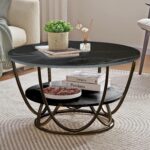 Round Coffee Tables Accent Center Table Sofa Side Tea Table with 2-Tier Storage for Living Room Office Desk Balcony Wood Desktop and Metal Legs (Full Black)