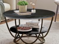 Round Coffee Tables Accent Center Table Sofa Side Tea Table with 2-Tier Storage for Living Room Office Desk Balcony Wood Desktop and Metal Legs (Full Black)