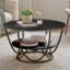 Round Coffee Tables Accent Center Table Sofa Side Tea Table with 2-Tier Storage for Living Room Office Desk Balcony Wood Desktop and Metal Legs (Full Black)