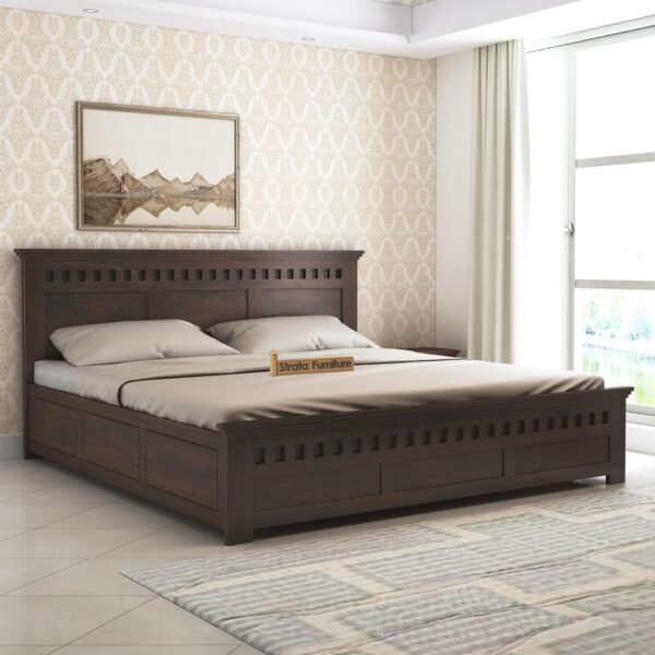 STRATA FURNITURE Sheesham Wood King Size Bed with Box Storage Wooden Double Bed Cot Bed Furniture for Bedroom Living Room Home (Walnut Finish)