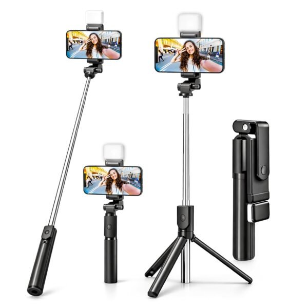 SWAPKART 3-in-1 Extendable Selfie Stick Tripod with Wireless Bluetooth Remote & LED Light for Photoshoot, Make Up & Selfie 70cm, Compatible with Smartphones & GoPro