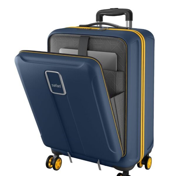 Safari Cabin Trolley Bag with Laptop Compartment, Hardside Polycarbonate Small (55cm) Suitcase | 360° 8 Wheel Spinner Travel Luggage| Recessed Combination Lock|Thorium Neo| Graphite Blue