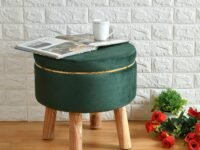 ShadowKart Ottoman Stool for Living Room Foot Rest | Velvet Small Ottoman Foot Stool | Solid Wood Legs | Footstool Puffy for Home, Bedroom & Makeup Table | 16x16x18 Inch (Small-Green)