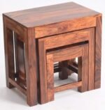 Sheesham Wood Nesting Table Set of 3 Stools || Nested Sofa Side Table Living Room Hall | Wooden Nightstand Lamp Table - Brown Finish