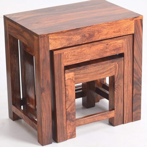 Sheesham Wood Nesting Table Set of 3 Stools || Nested Sofa Side Table Living Room Hall | Wooden Nightstand Lamp Table - Brown Finish