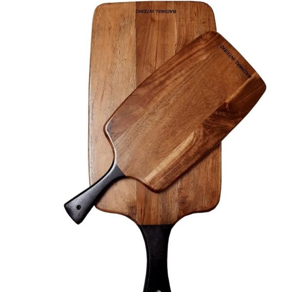 Solid Acacia Wood Primum Cutting/Chopping Board & Serving Platter with Black Design Handle (Set of Two Medium/Large with Design Handle)