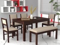 Solid Sheesham Wood 6 Seater Dining Table Set | Six Seater Dinner Table with 4 Cushions Chairs & 1 Bench | Dinning Table Set 6 Seater for Living Room | Wooden Table & Chair Set | Walnut Finish