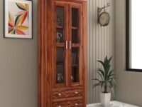 Solid Sheesham Wood Bookshelf with Acrylic Glass Door & Storage Drawers | Rosewood Display Cabinet for Living Room & Office (Natural Finish)